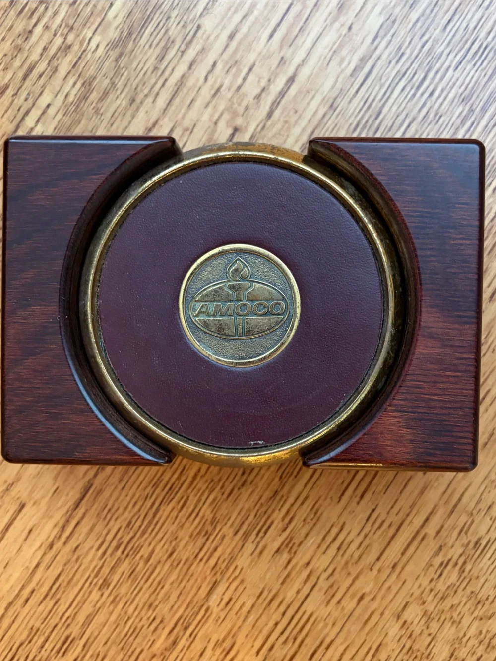 Vintage Amoco Oil Co. Brass & Leather Coaster Set of 4 Wood Base 80s Collectible